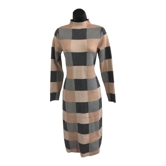 Charcoal grey tan beige checkered mock‎ neck sweater knit dress size large new - Picture 6 of 13
